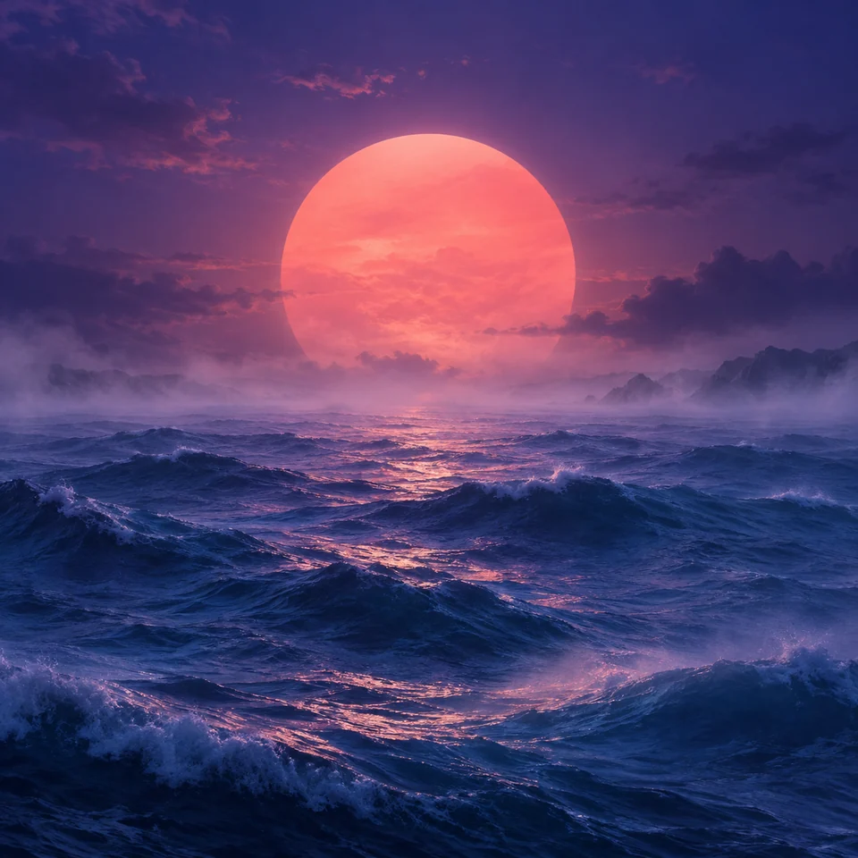 A coral sun over a dreamy cobalt ocean