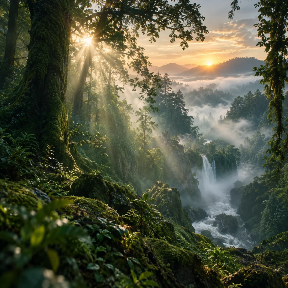 Morning sunlight filtering through a misty emerald forest